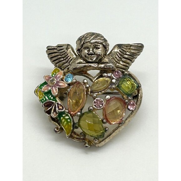 Estate Jewelry - Vintage Cherub Angel Heart Brooch Lucite Stones Flower Design Blacklight Glow